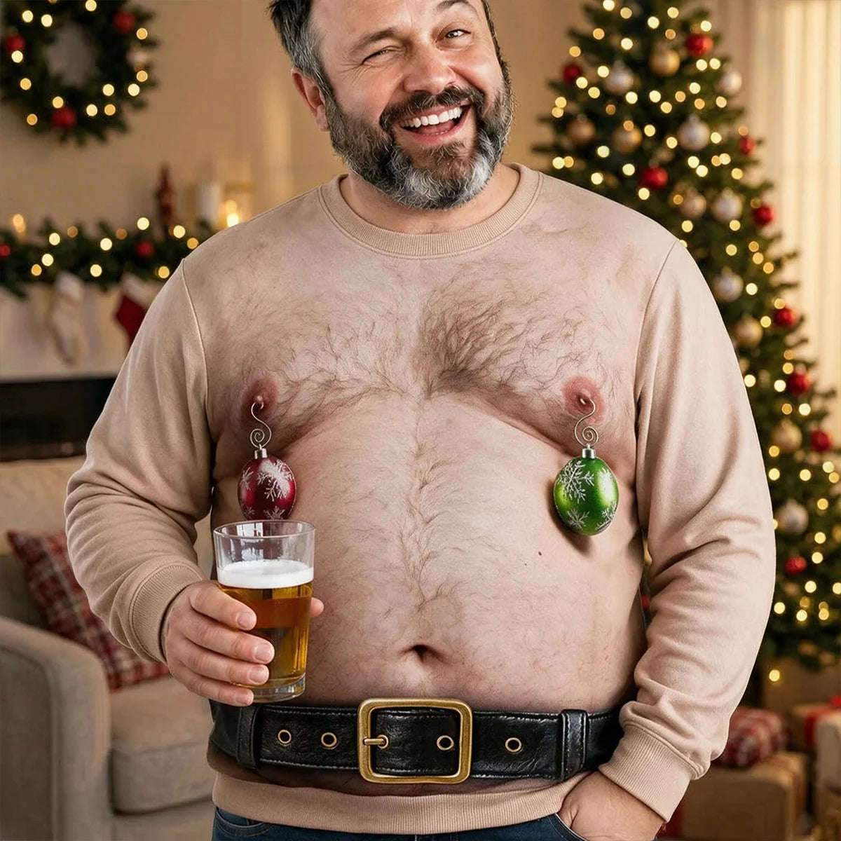 Personalized Printed Sweatshirt, Tan Christmas Torso Illusion with Ornaments, Beer-Holding Look, Unique Gift for Him