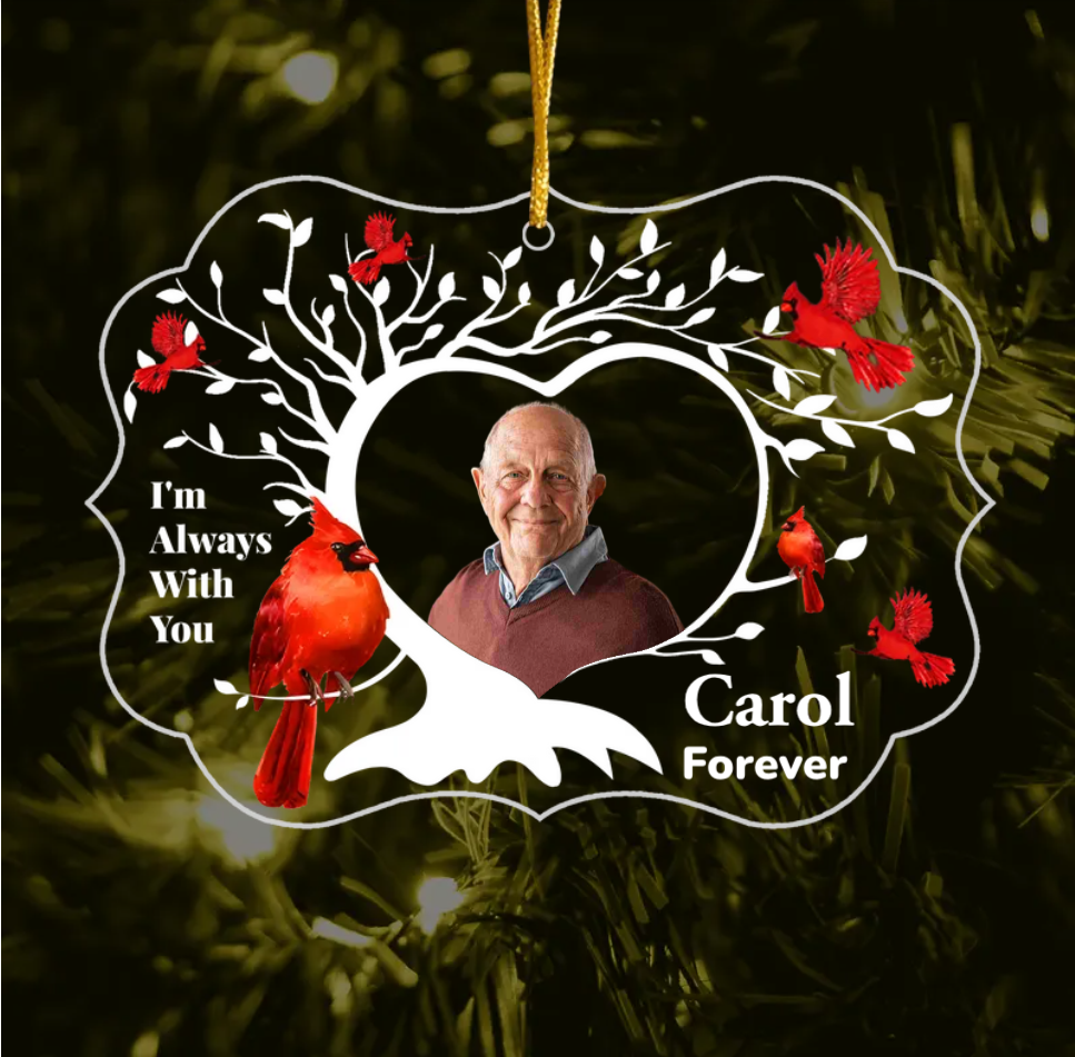 keychain, Memorial Ornament featuring Carol and red cardinals, heartwarming keepsake.