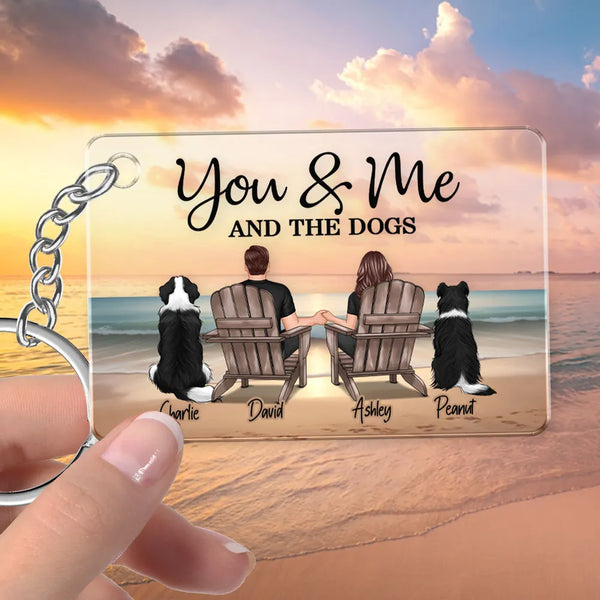 You Me And The Dogs Cats Couple Realistic Beach Landscape Personalized Acrylic Keychain or Poster or Plaque or Ornament, Gift For Him, For Her