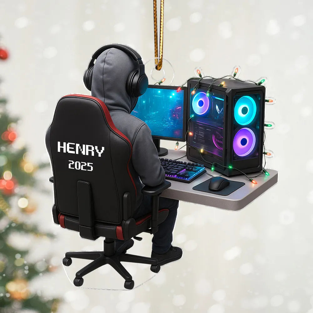 Personalized Gamer Acrylic Ornament, Hoodie & Headset Desk Setup with RGB PC Lights, Unique Gift for Gamers