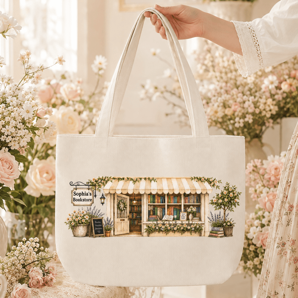 Personalized Bookstore Corduroy Tote Bag, Custom Name Floral Bookshop Bag, Unique Gift for Book Lovers