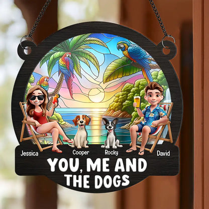 "You, Me and The Dogs" Personalized Ornament – Tropical Sunset Wood & Acrylic Layered Couple Gift