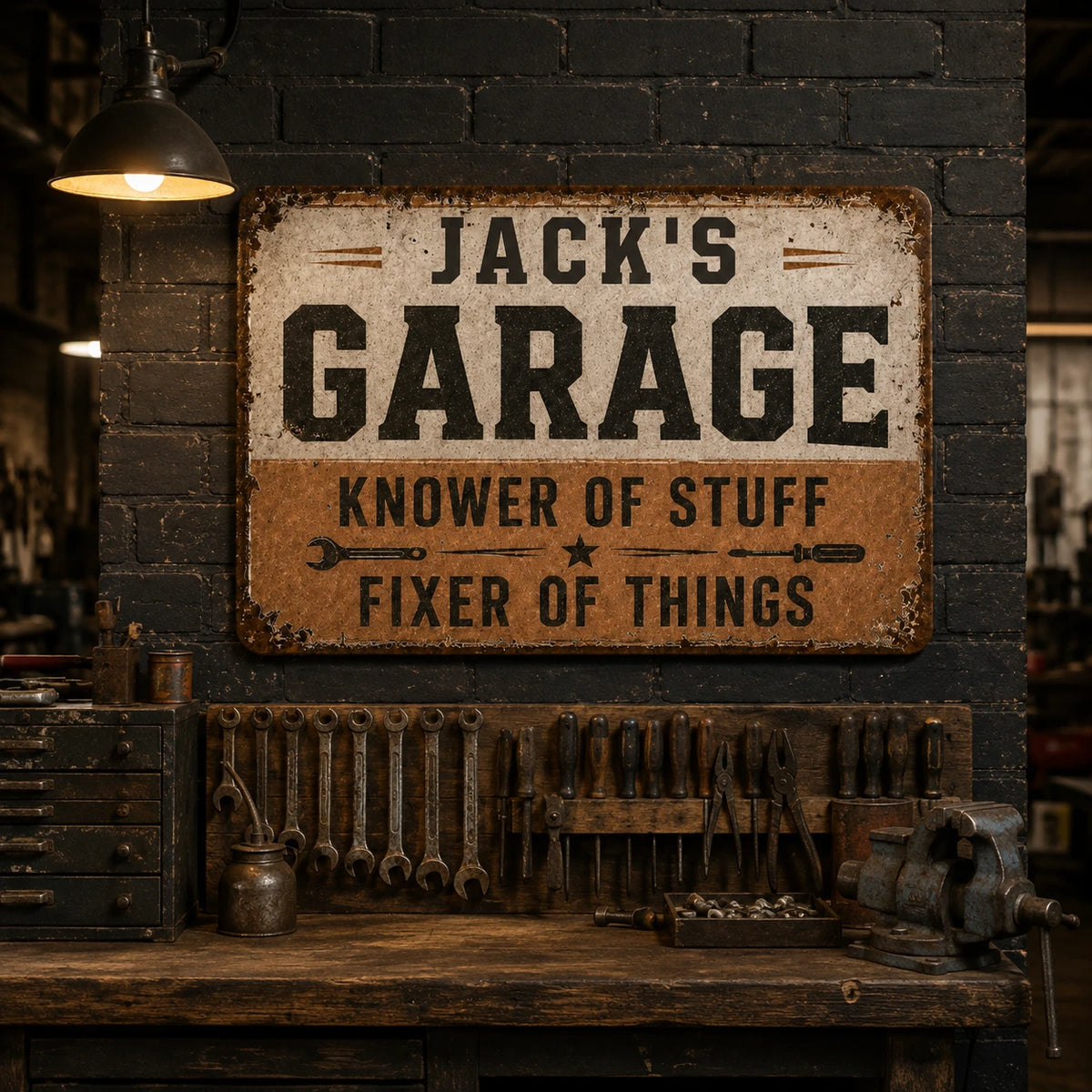 Personalized Vintage Industrial Garage Sign, Rustic Distressed Iron Workshop Decor, Custom Name Gift for Him