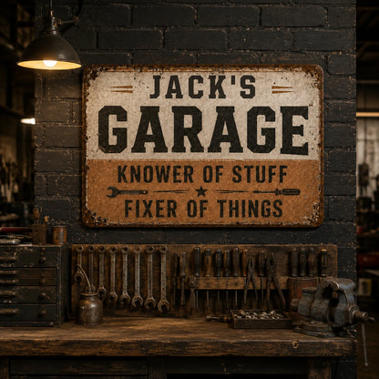 Personalized Vintage Industrial Garage Sign, Rustic Distressed Iron Workshop Decor, Custom Name Gift for Him