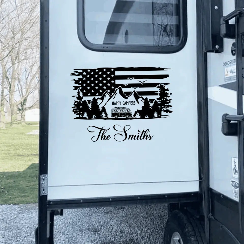 Personalized Sticker Decal, Happy Campers American Flag Scene, Unique Creative Gift for Camping Family