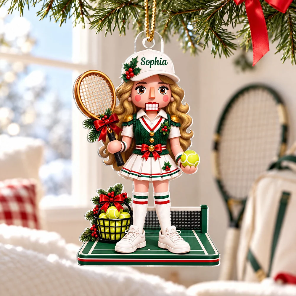 Female Tennis Nutcracker Acrylic Ornament, Personalized Racket & Ball Keepsake, Creative Gift for Granddaughter