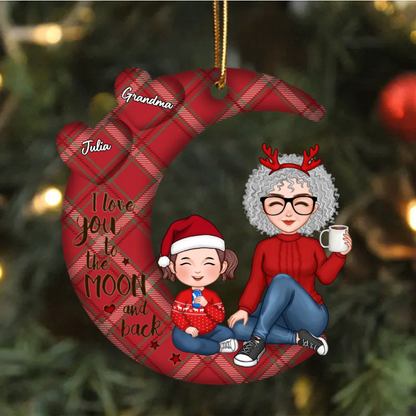 Grandma & Grandkid Sitting On Heart Pattern Moon - Personalized Ornament or Plaque or Keychain