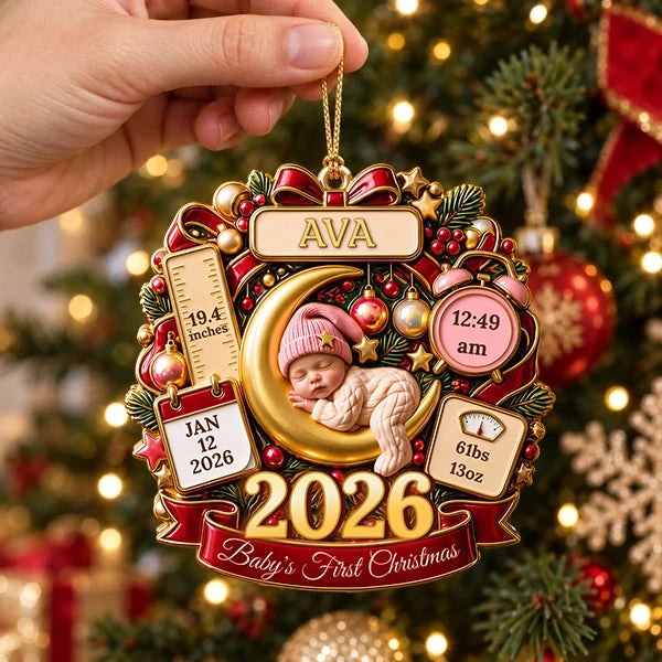 Custom Baby's First Christmas Acrylic Ornament, Sleeping Baby on Moon with Birth Stats, Sweet Keepsake for New Parents