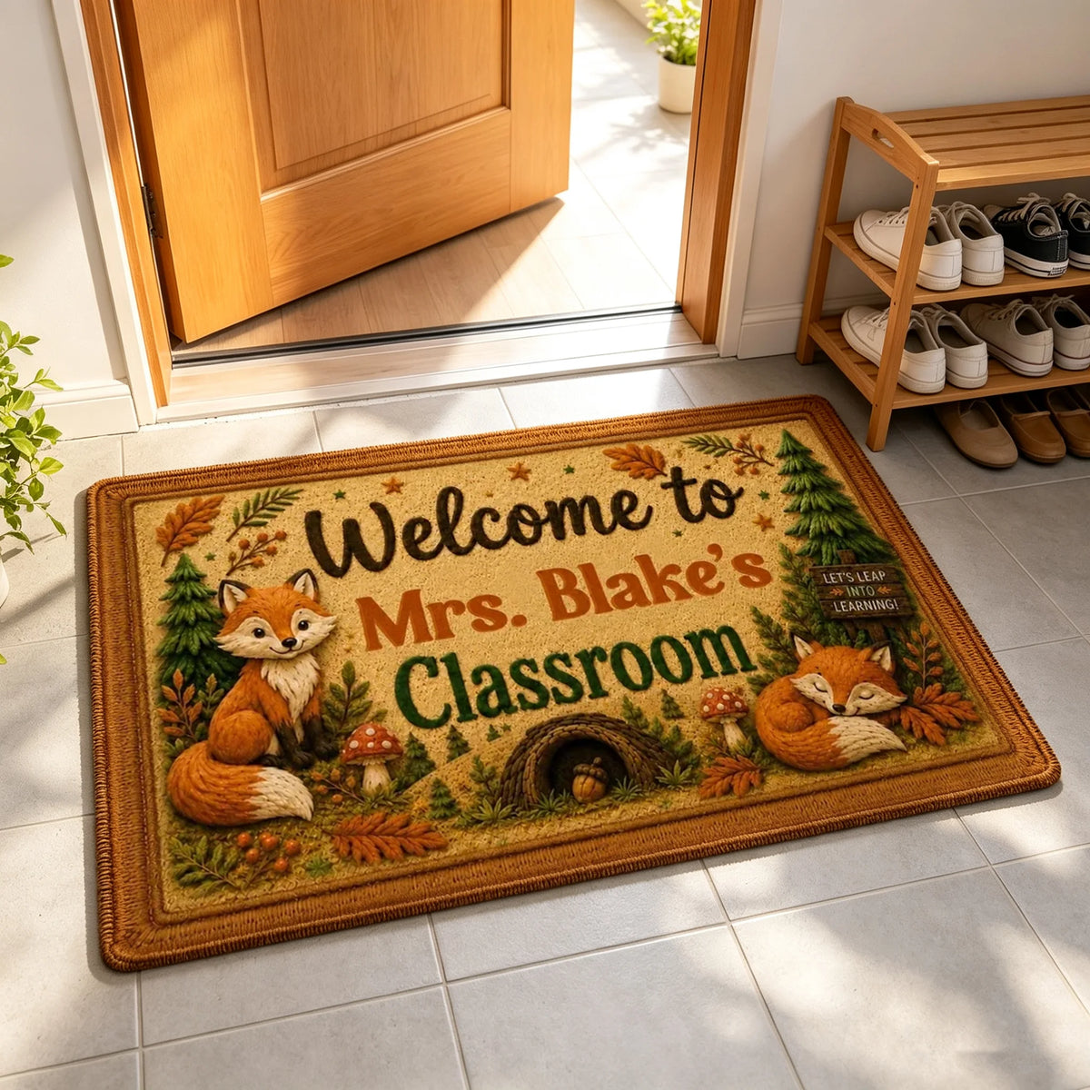Personalized Standard Doormat With Woodland Foxes For Teacher Classroom, Unique Creative Gift