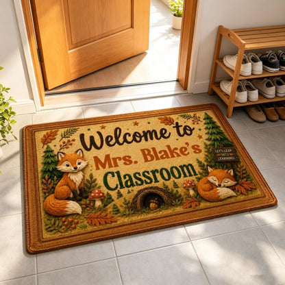Personalized Standard Doormat With Woodland Foxes For Teacher Classroom, Unique Creative Gift