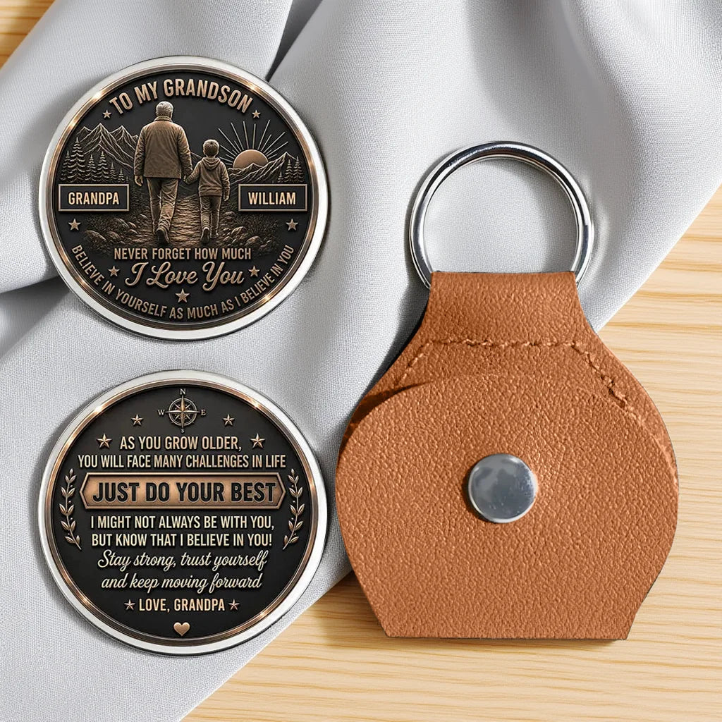 Personalized Pocket Hug for Grandson, Grandpa Bond Keepsake with Bronze Tone Mountain Walk, Unique Gift