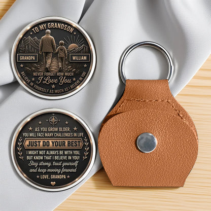 Personalized Pocket Hug for Grandson, Grandpa Bond Keepsake with Bronze Tone Mountain Walk, Unique Gift
