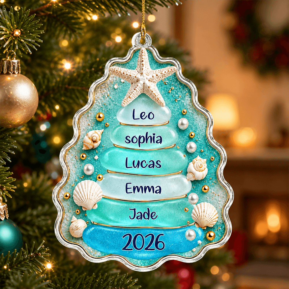 Personalized Sea Glass Christmas Tree Acrylic Ornament with Family Names & Year, Coastal Christmas Gift