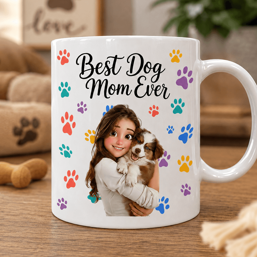 Personalized Dog Mom or Dad Mug, Custom Pet Portrait Ceramic Cup, Colorful Paw Print Gift for Dog Lovers