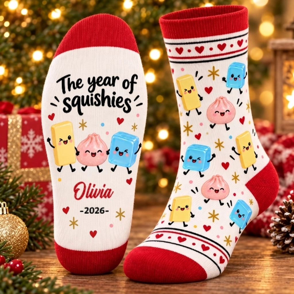 Personalized The Year of Squishies Crew Socks, Playful Kawaii Cartoon Design, Custom Name and Year, Fun Christmas Gift