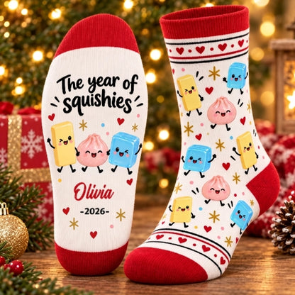 Personalized The Year of Squishies Crew Socks, Playful Kawaii Cartoon Design, Custom Name and Year, Fun Christmas Gift