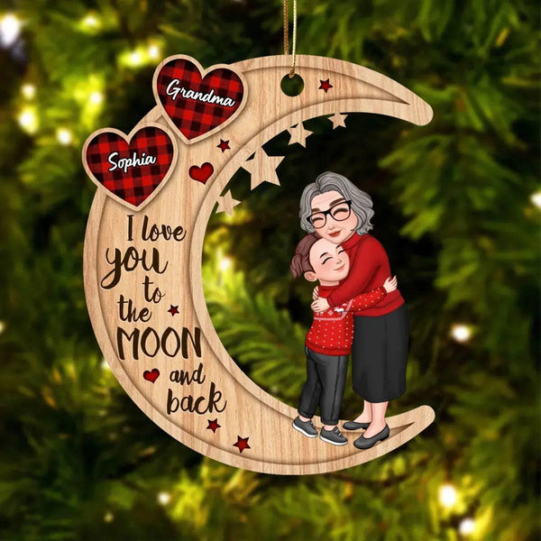 Cute Grandma & Grandkid Hugging Kids On Heart Pattern Moon - Personalized Wooden Ornament
