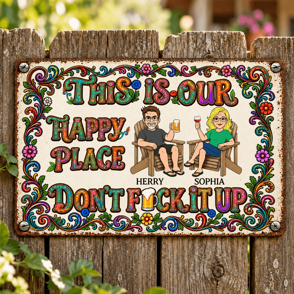 Personalized Couple Iron Sign, Vintage Floral Happy Place Sign, Funny Patio & Backyard Gift for Partners