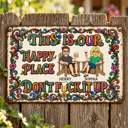 Personalized Couple Iron Sign, Vintage Floral Happy Place Sign, Funny Patio & Backyard Gift for Partners