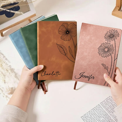 Personalized Leather Journal with Birth Flower Design – Custom Name Notebook Keepsake, Thoughtful Unique Gift for Her