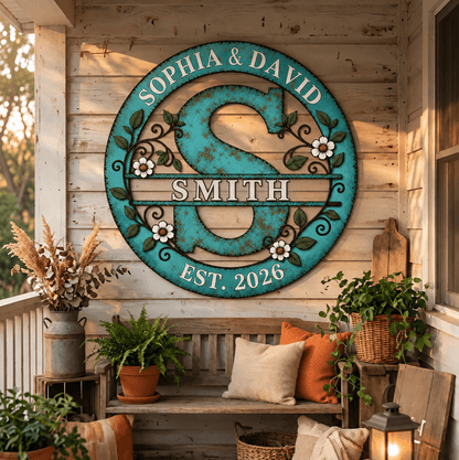 Personalized Shaped Metal Sign, Teal Floral Monogram for a Sunlit Porch, Unique Housewarming Gift for Family
