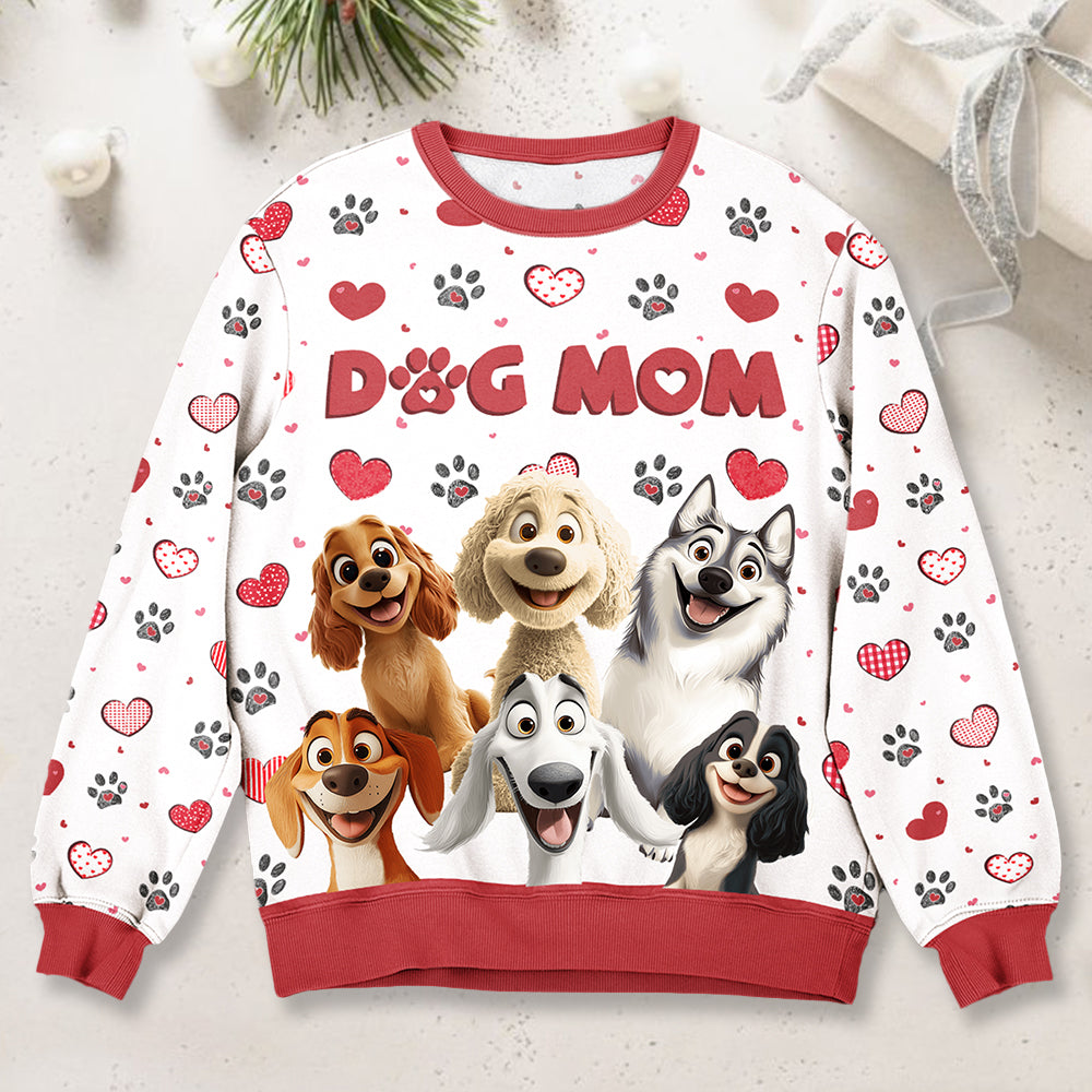 Personalized Dog Mom Printed Sweatshirt, Cartoon Dogs & Paw Hearts, Unique Gift for Pet Moms