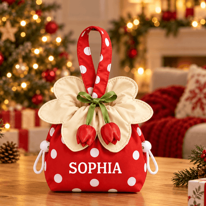 Personalized Embroidered Flower Drawstring Bag, Custom Name Polka Dot Pouch in Multiple Colors, Christmas Keepsake Gift