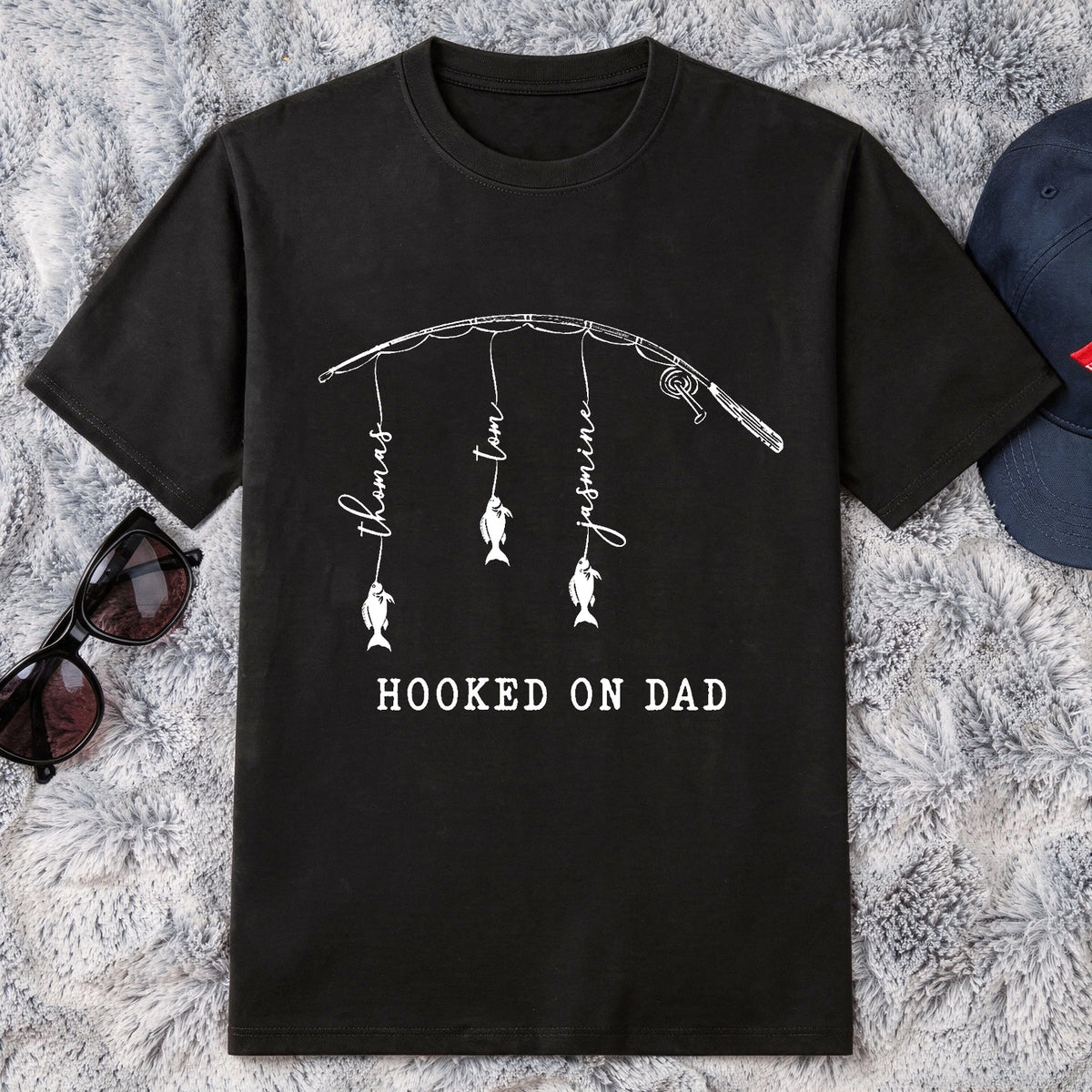 Custom Classic Tee With Hooked On Dad Fish Artwork, Unique Creative Gift For Dad Or Grandpa
