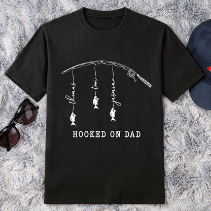 Custom Classic Tee With Hooked On Dad Fish Artwork, Unique Creative Gift For Dad Or Grandpa