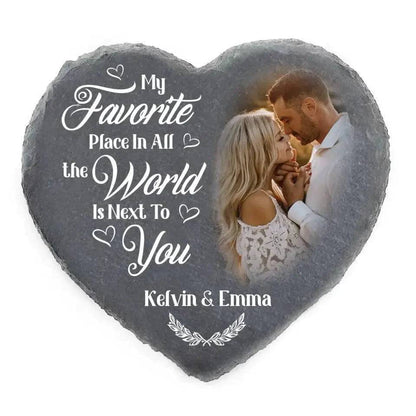 Custom Photo My Favorite Place In All The World Is Next To You - Couple Personalized Custom Heart Shaped Stone With Stand - Gift For Husband Wife, Anniversary