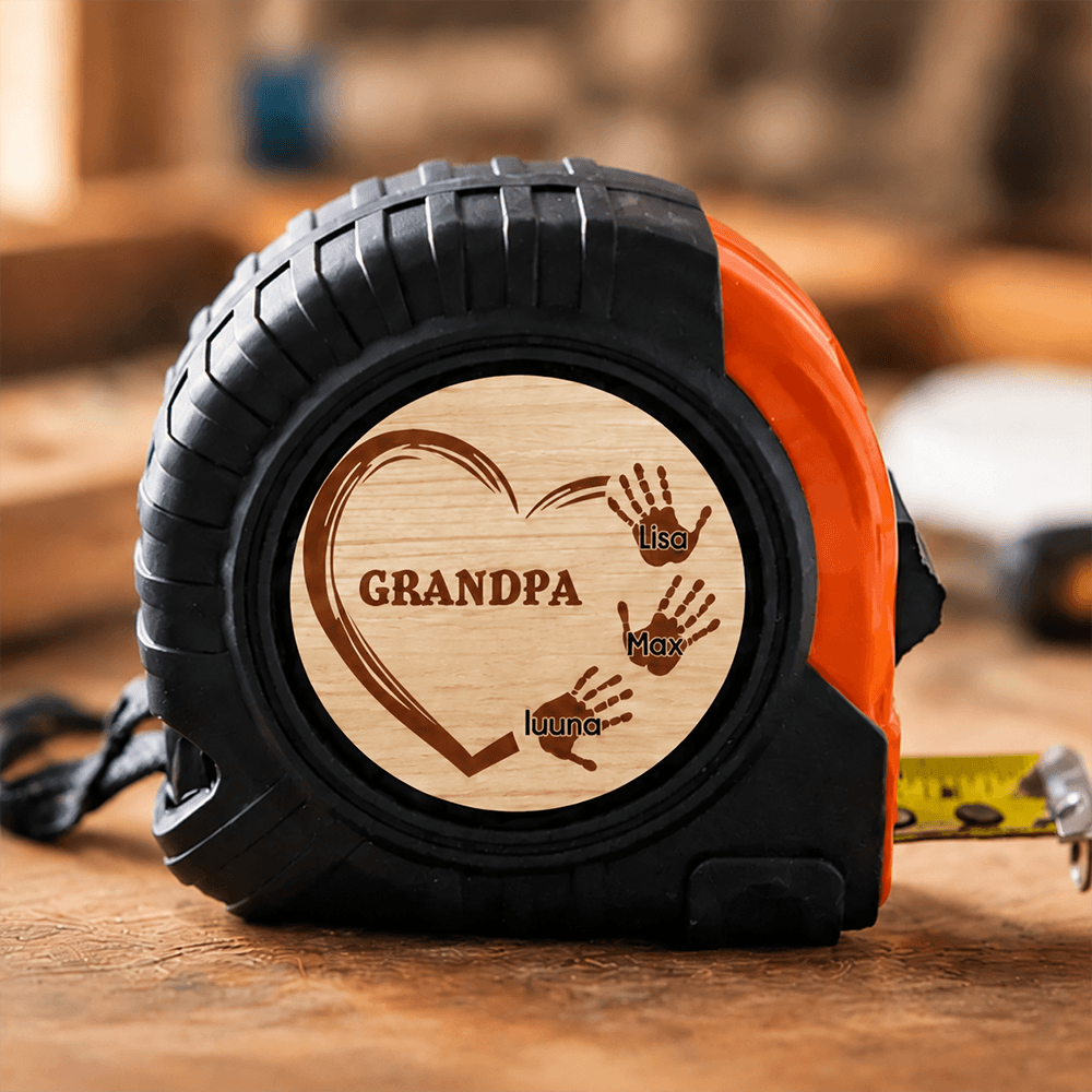 Personalized Tape Measure for Grandpa with Kids' Handprints, Custom Wood Keepsake Gift for DIY Dad & Grandfather
