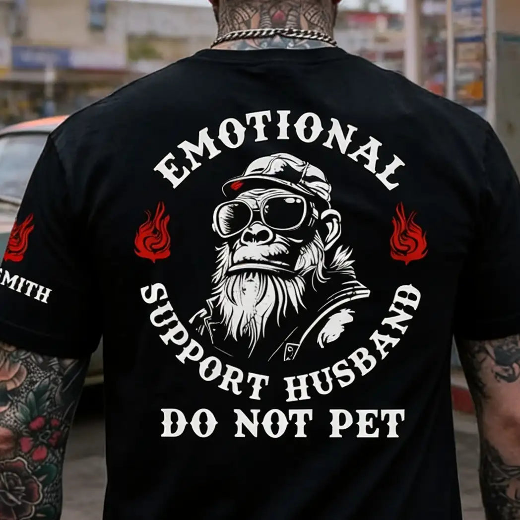 Personalized Dual Print Classic Tee, Funny Emotional Support Husband Monkey Graphic, Unique Gift for Him