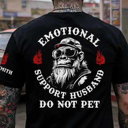 Personalized Dual Print Classic Tee, Funny Emotional Support Husband Monkey Graphic, Unique Gift for Him