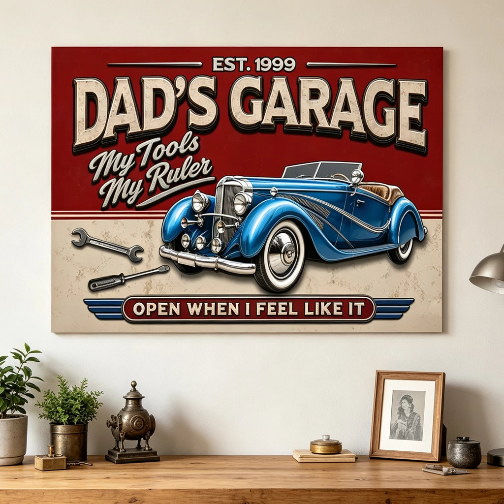 Personalized Dad's Garage Poster, Vintage Car Wall Art, Unique Creative Gift for Dad or Grandpa