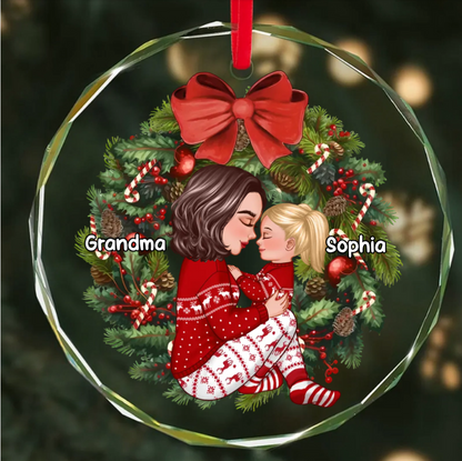 Grandma Mom Hugging Kid Sitting On Christmas Wreath Personalized Piggy Bank or Ornament or Plaque or Keychain or Poster