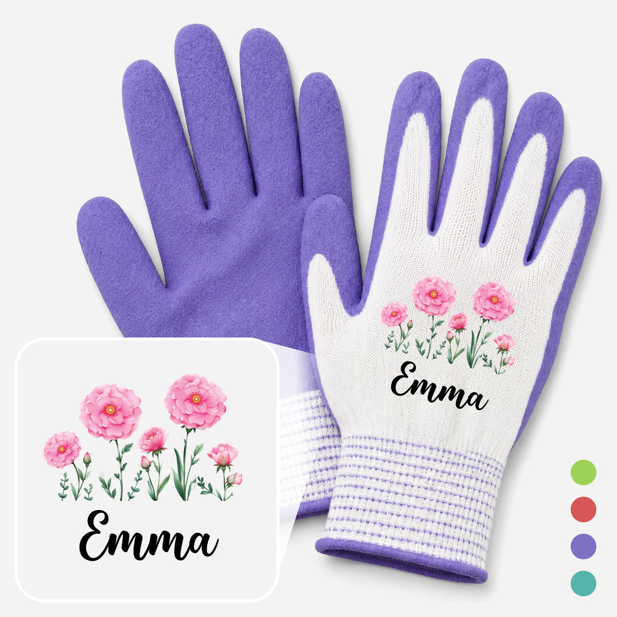 Personalized Nylonic Gloves with Pink Floral Design, Unique Gardening Gift for Her