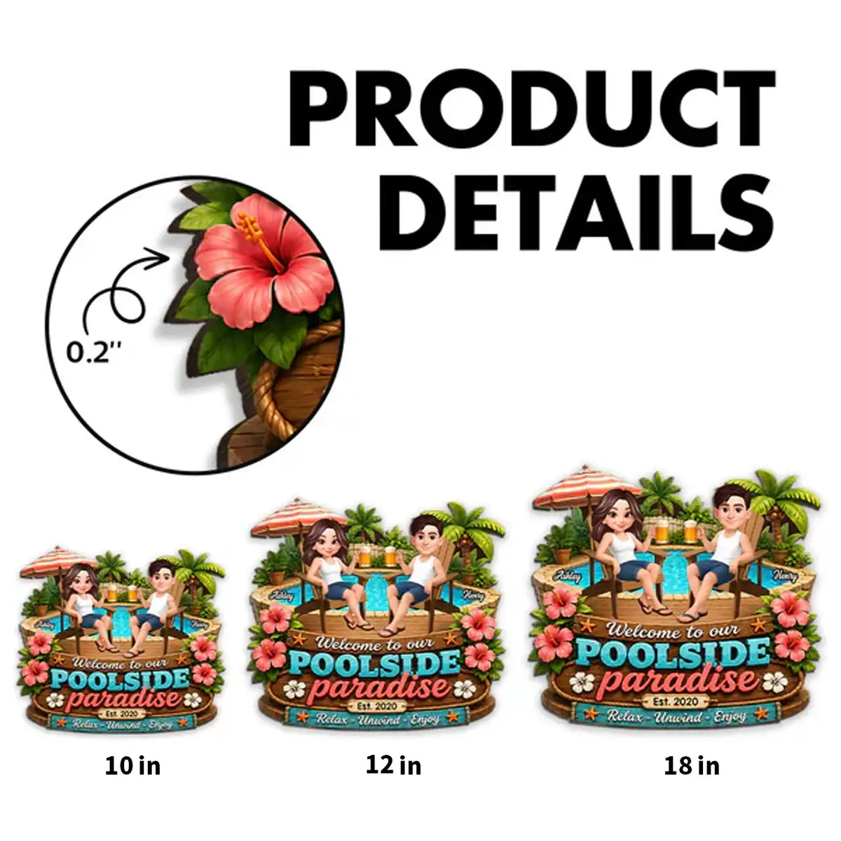 Personalized Wooden Sign, Poolside Paradise Seated Couple Art, Unique Gift for Summer Patio & Porch