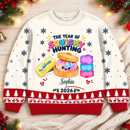 Custom Year of Squishy Hunting Christmas Sweatshirt, Cute Kawaii Toy Collector Design, Personalized Name & Year Holiday Gift