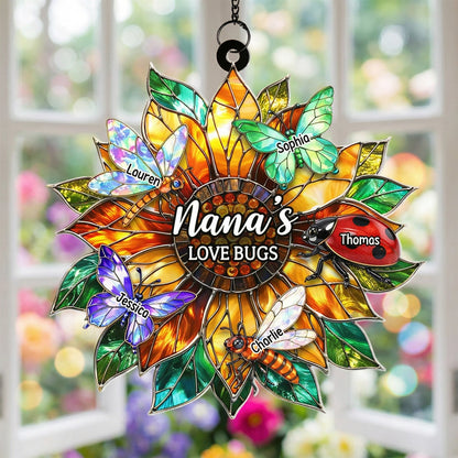 Nana's Love Bugs Acrylic Suncatcher Ornament, Personalized Sunflower Window Decor That Catches Sunlight, Thoughtful Gift