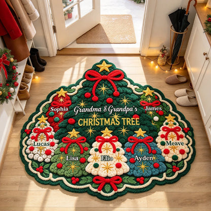 Personalized Festive Christmas Tree Shaped Doormat with Family Names, Colorful Holiday Decor, Gift for Grandparents