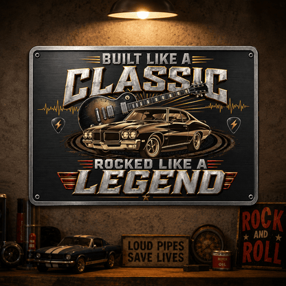 Personalized Classic Car & Rock Music Iron Sign, Built Like a Classic Rocked Like a Legend, Custom Garage Gift