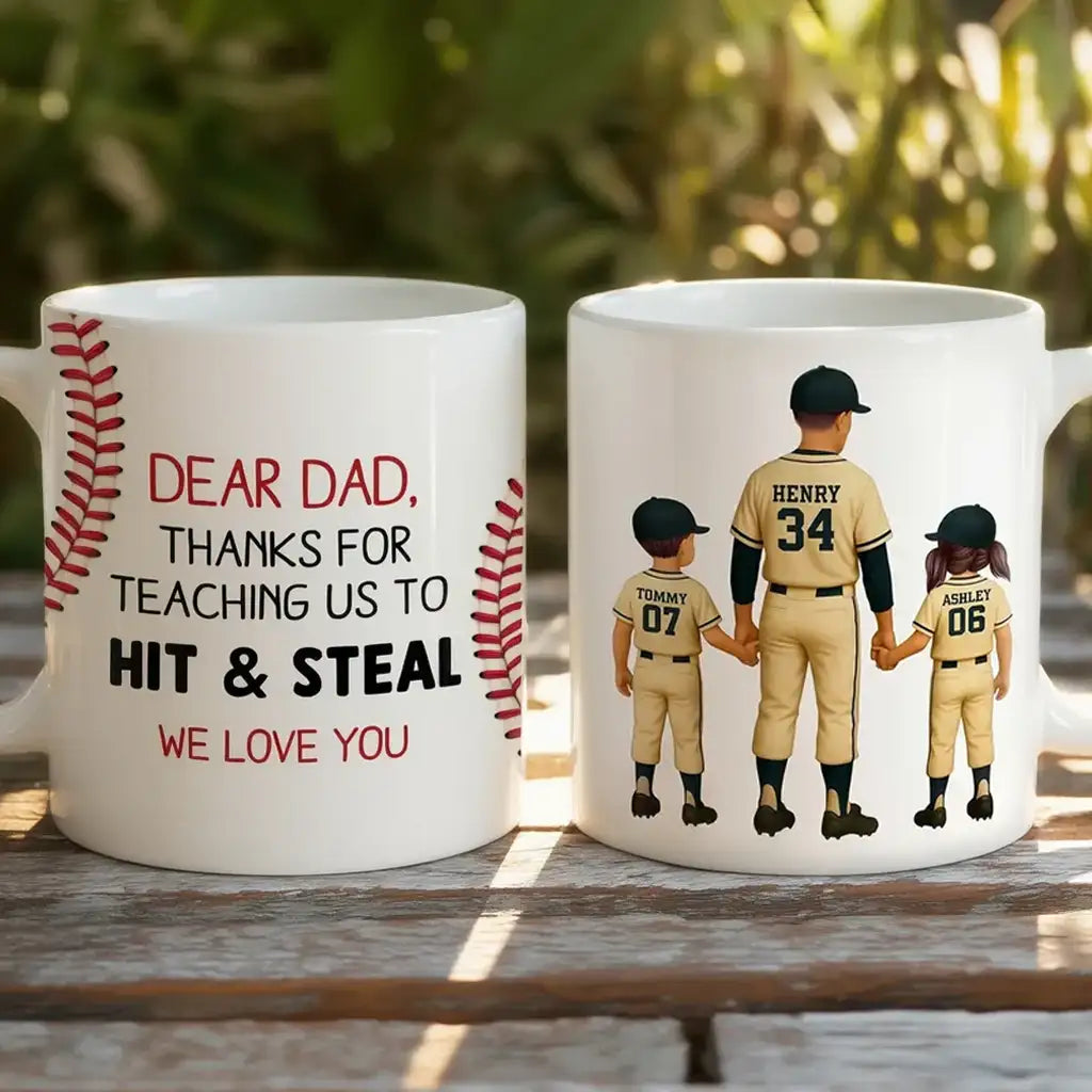 Personalized Ceramic Mug For Dad, Baseball Dad Holding Hands With Kids, Unique Father's Day Gift