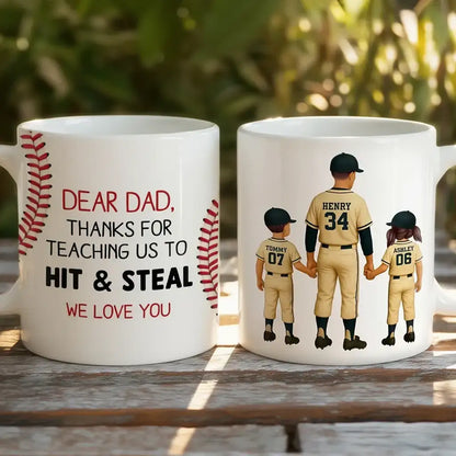 Personalized Ceramic Mug For Dad, Baseball Dad Holding Hands With Kids, Unique Father's Day Gift