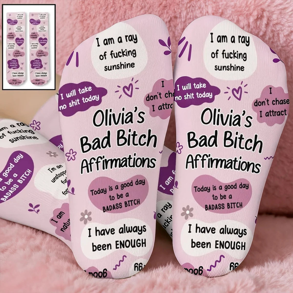 Personalized Crew Socks with I Have Always Been Enough Quote, Creative Gift for a Sister in Pink and Purple