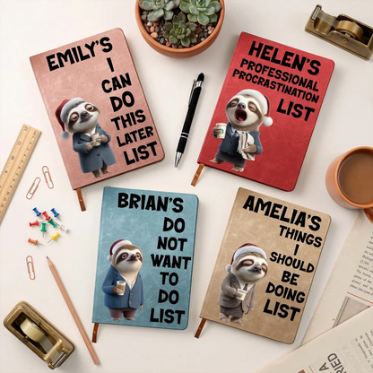 Personalized Leather Journal with Sleepy Sloth Holding Papers, Relatable Humor, Unique Gift for Coworkers