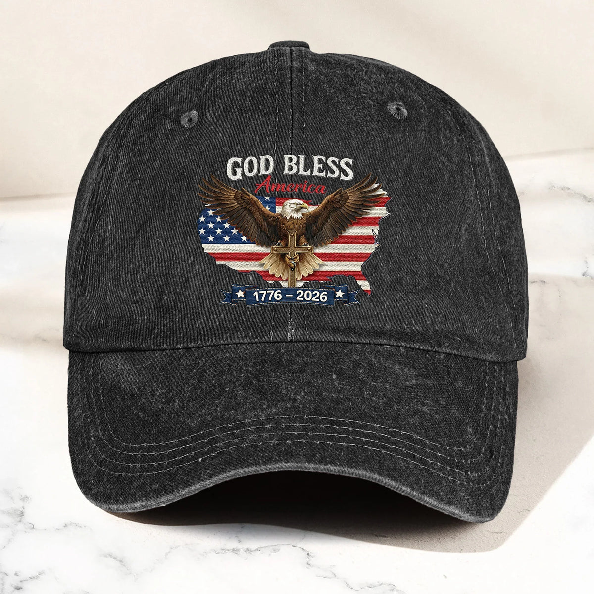 Personalized Washed Denim Baseball Cap, God Bless America Eagle Flag Design, Vintage Look Everyday Wear, Unique Gift