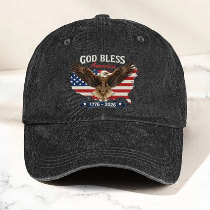 Personalized Washed Denim Baseball Cap, God Bless America Eagle Flag Design, Vintage Look Everyday Wear, Unique Gift