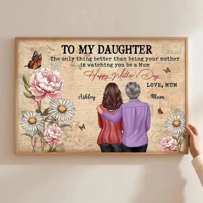 Personalized Mother's Day Floral Poster, Mom and Daughter Hugging Back View, Vintage Look, Unique Gift for Mom