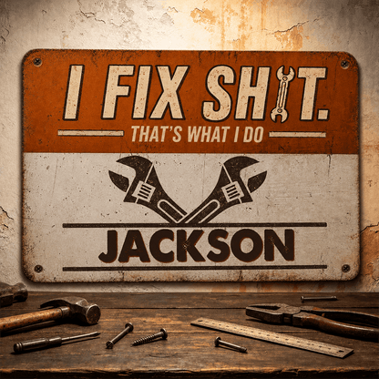 Personalized “I Fix Shit, That’s What I Do” Iron Sign – Funny Custom Garage Gift for Mechanics & Handymen