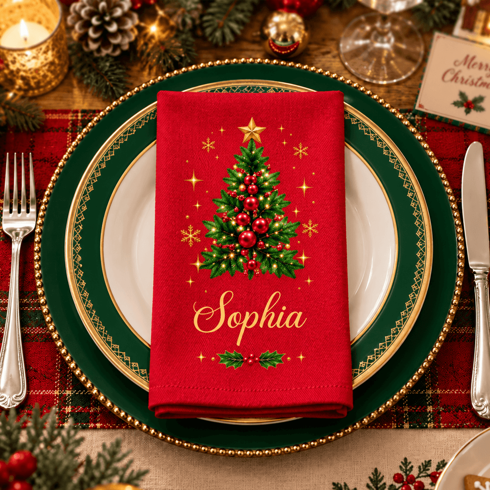 Personalized Christmas Tree Cotton Napkin with Custom Name, Elegant Gold Accents, Festive Holiday Table Decor